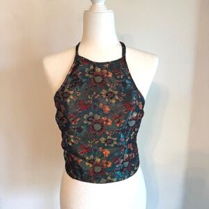 Loome Floral Jacquard Halter Top S Teal Tie Jacquard Whimsigoth Dark Romantic
